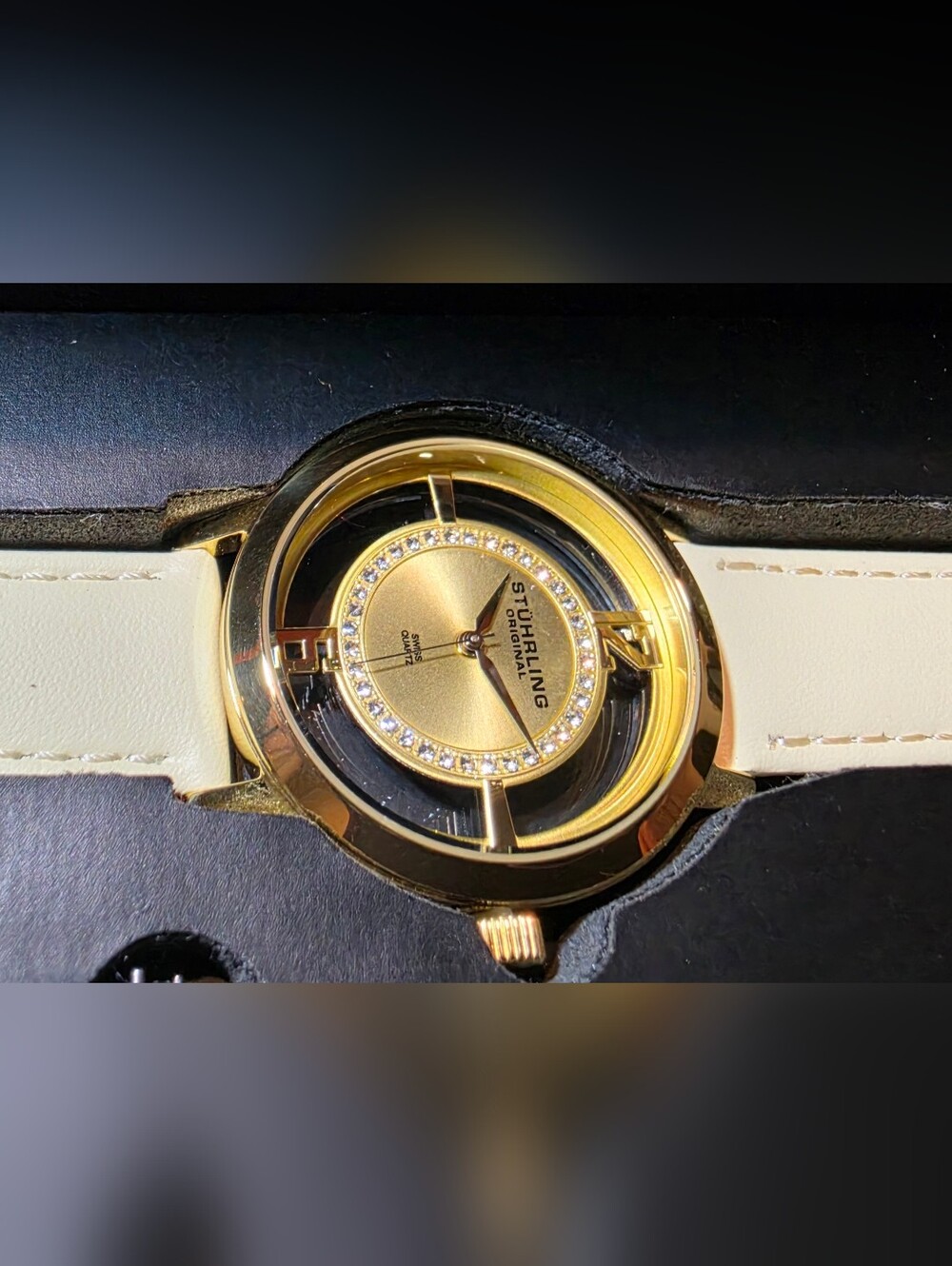 Stührling Original Quartz Gold Tone, Crystal Accent, Watch White & Black Leather